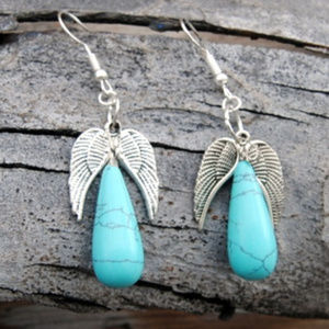 Stone Teardrop Pendants with Silver Wing Charms